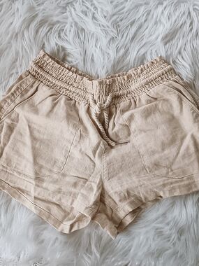 ↠ Love Tree Buttercream Comfy High Waist Linen Blend Drawstring Tie Waist Shorts